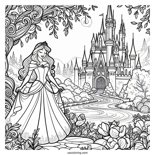 Disney Princess Aurora In Spring Coloring Page Garden Outside The Castle