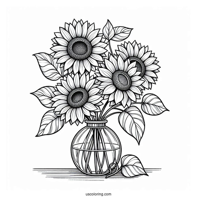 Four Beautiful Sunflowers In Vase For Coloring_