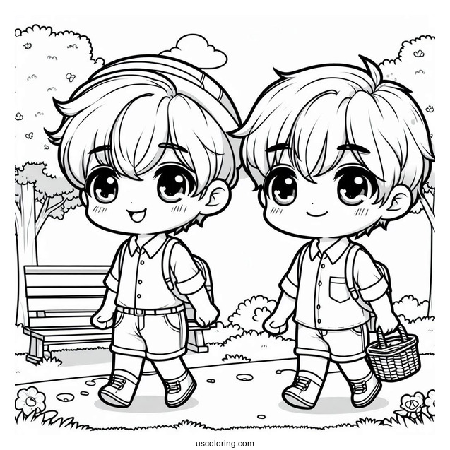 Cute Coloring Page Chibi Boys Walking In The Park For Kids