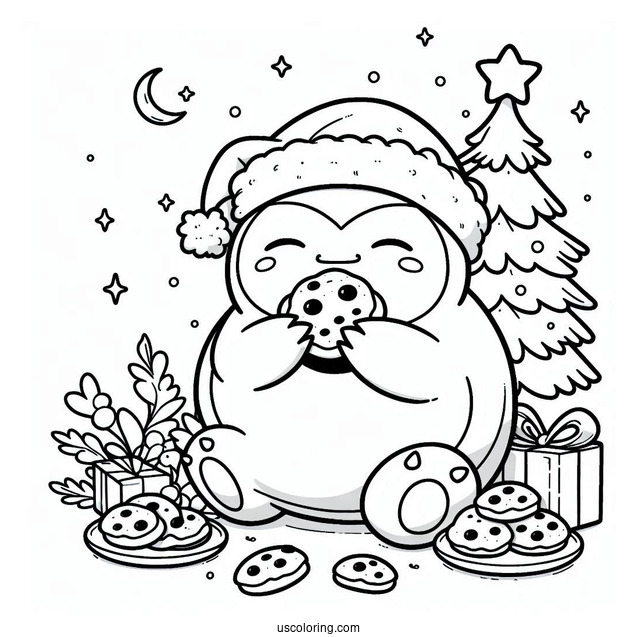 Pokemon Christmas Coloring Page Happy Snorlax Eating Christmas Cookies