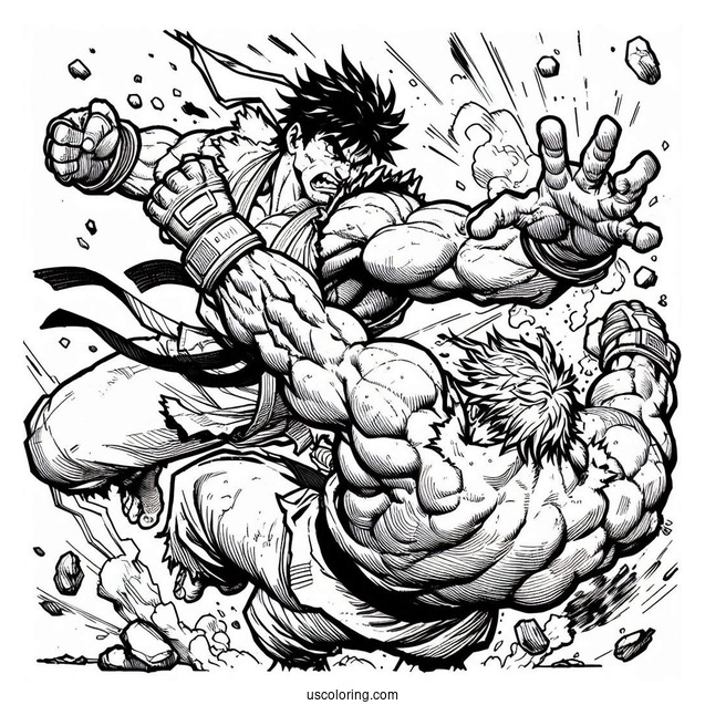Street Fighter Coloring Page Of Ken Masters Knocking Out Ryu In Battle