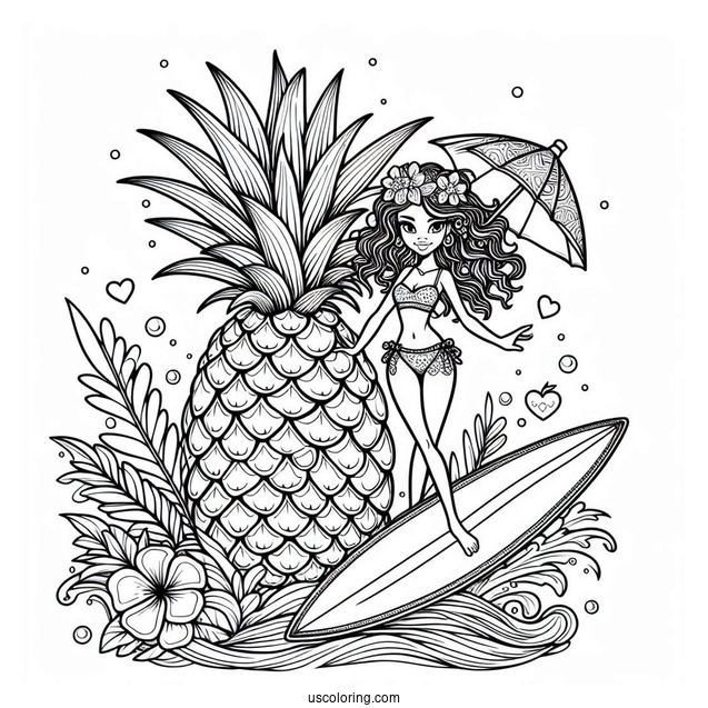 Pineapple Surfing In Summer Coloring Page For Kids