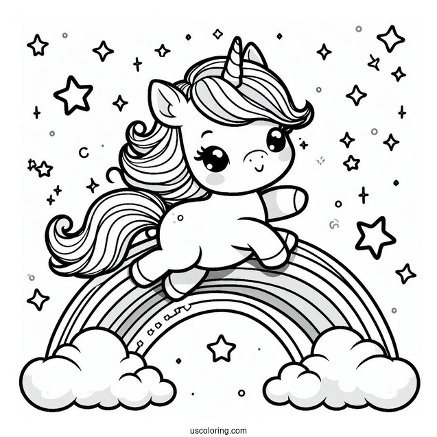 Chibi Coloring Page Unicorn Trotting Across a Rainbow with Sparkling Stars
