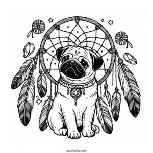 Pug Coloring Page Dreamcatcher with Feathers and Bones