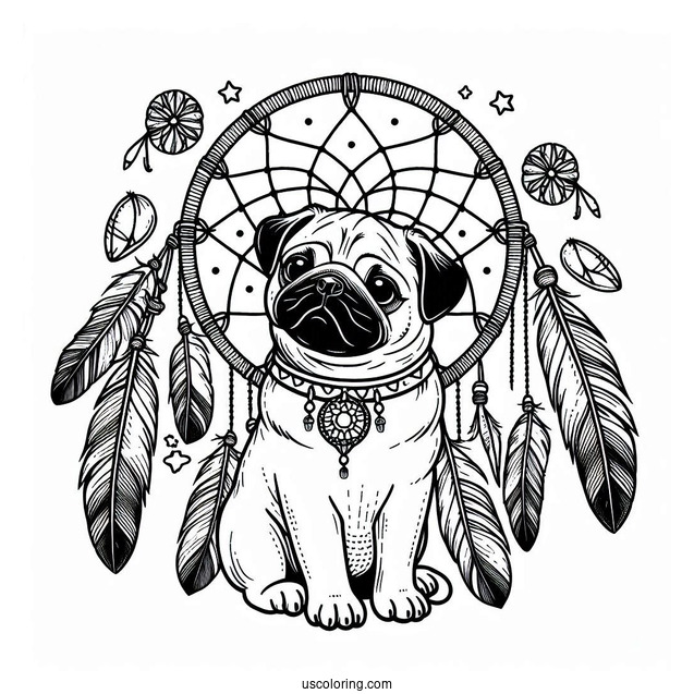 Pug Coloring Page Dreamcatcher with Feathers and Bones