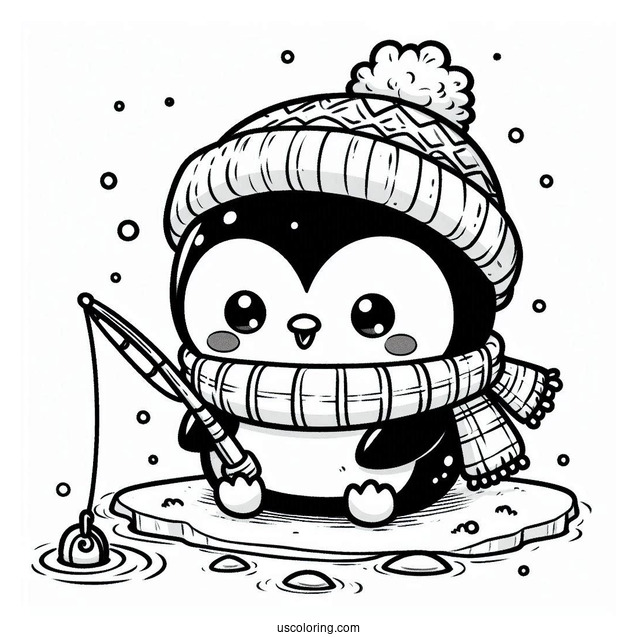 Chibi Coloring Page Penguin with Hat and Scarf Ice Fishing in Winter