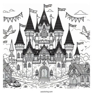 Castle Coloring Page With Flags In A Village For Kids