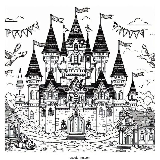 Castle Coloring Page With Flags In A Village For Kids
