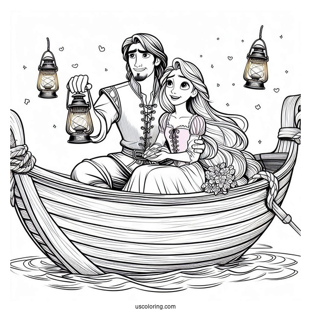 Rapunzel And Eugene In Boat With Lanterns To Color