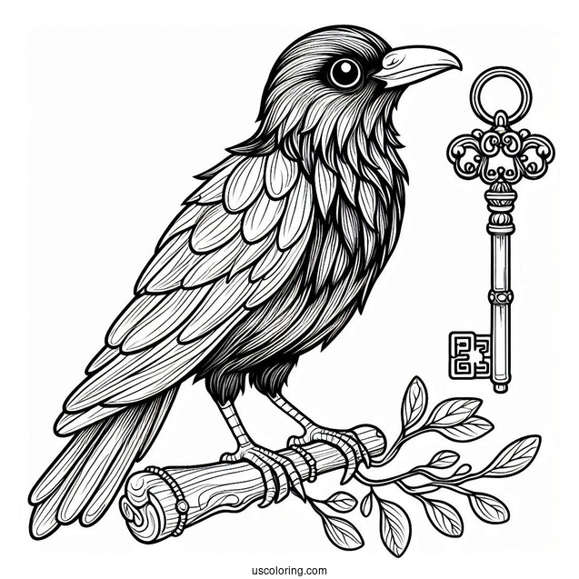 Easy Raven Coloring Page Carrying A Shiny Key For Kids
