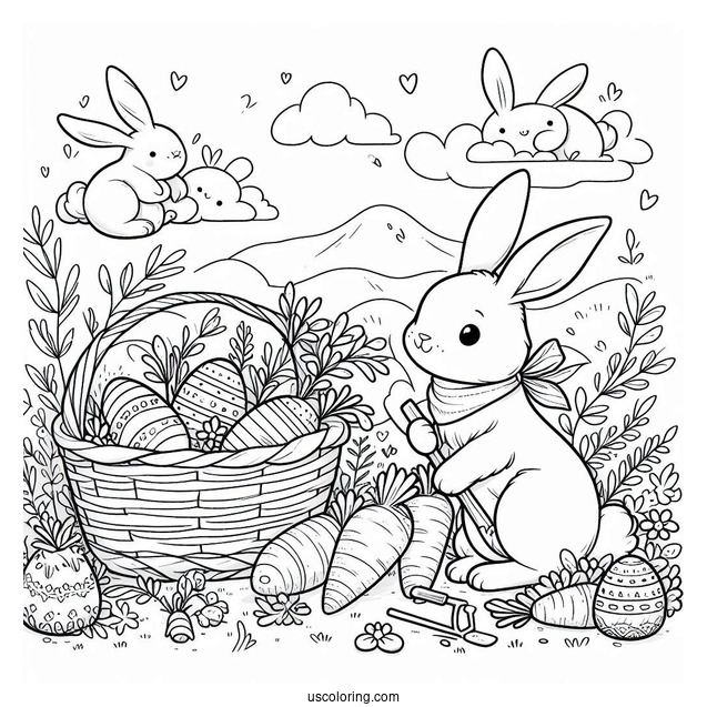 Easter Coloring Page Of Rabbits Harvesting Carrots And Easter Eggs