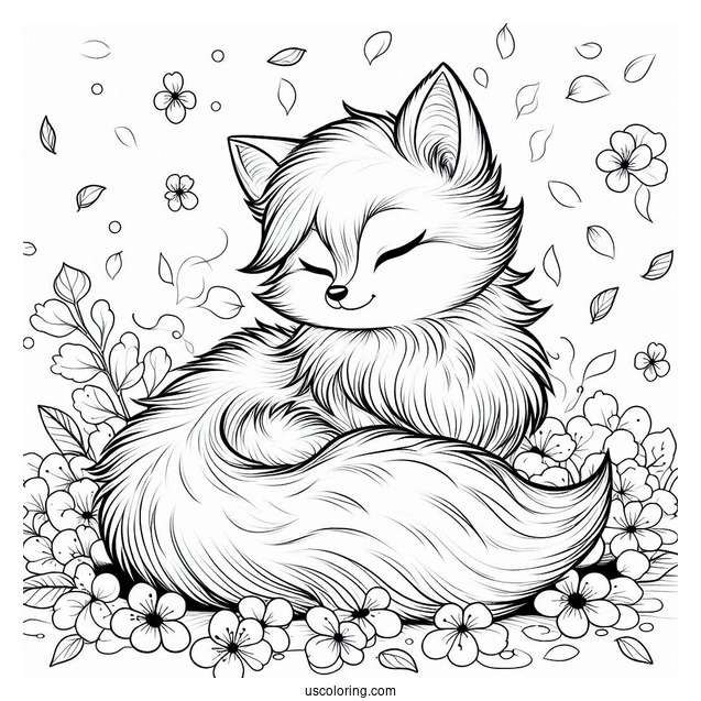 Fluffy Fox Coloring Page With Petals In Background