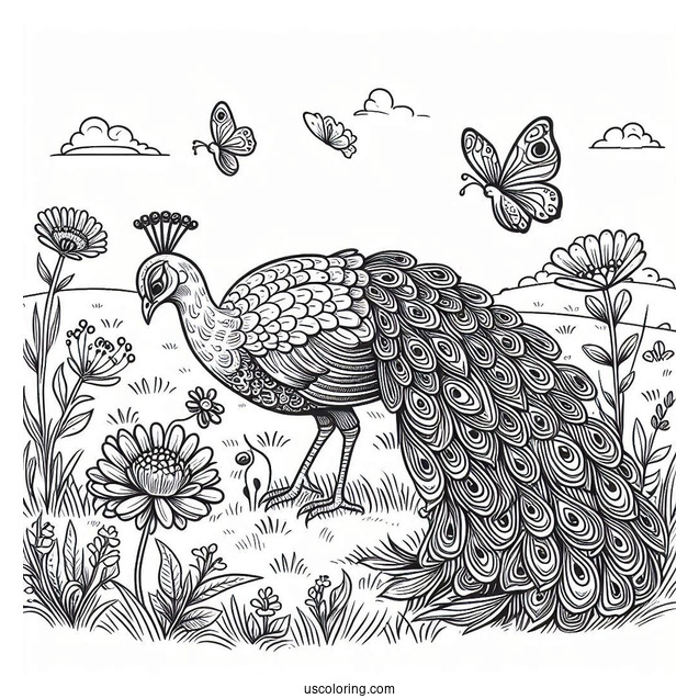 Peacock Finding Food In Meadow