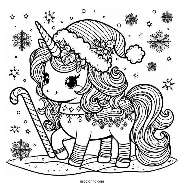 Unicorn With Santa Snow Flakes And Candy Cane