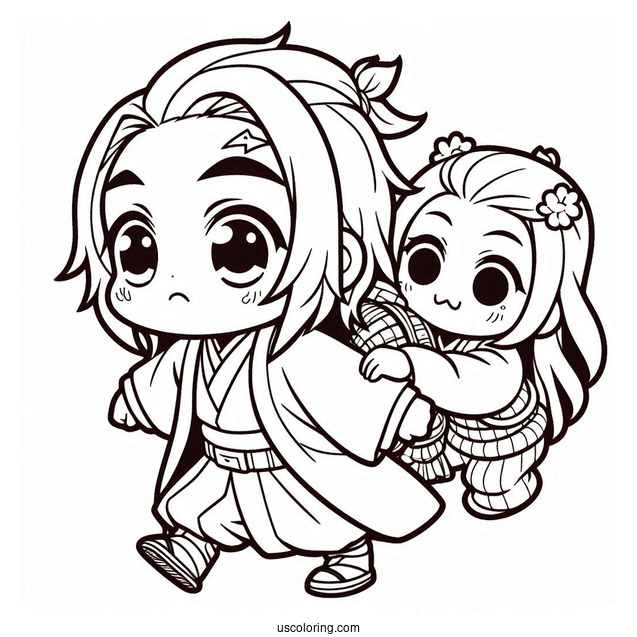 Chibi Tanjiro Coloring Page Carrying Nezuko On His Back For Preschoolers