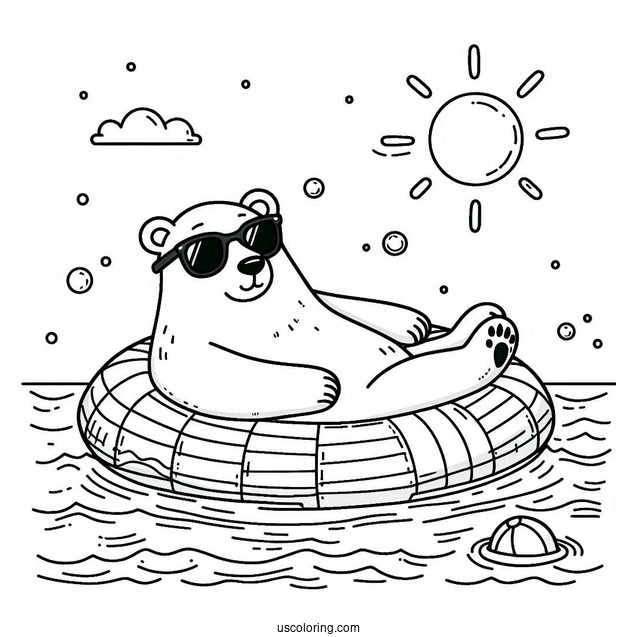 Swimming Coloring Page Of Polar Bear With Sunglasses On An Inflatable In The Pool