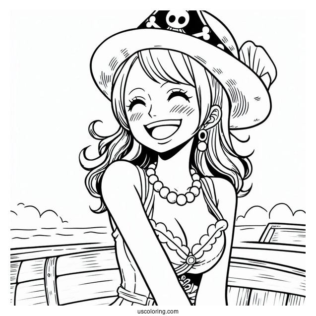 One Piece Coloring Page Of Smiling Nami On Pirate Ship