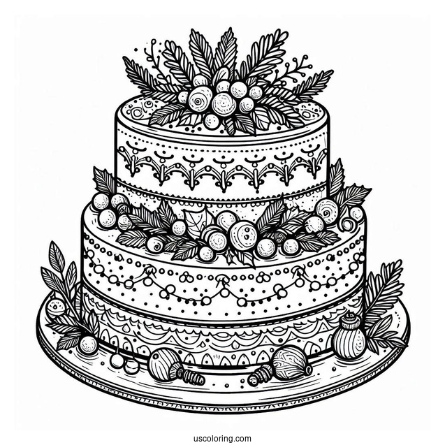 Detailed Christmas Tiered Cake Coloring Page