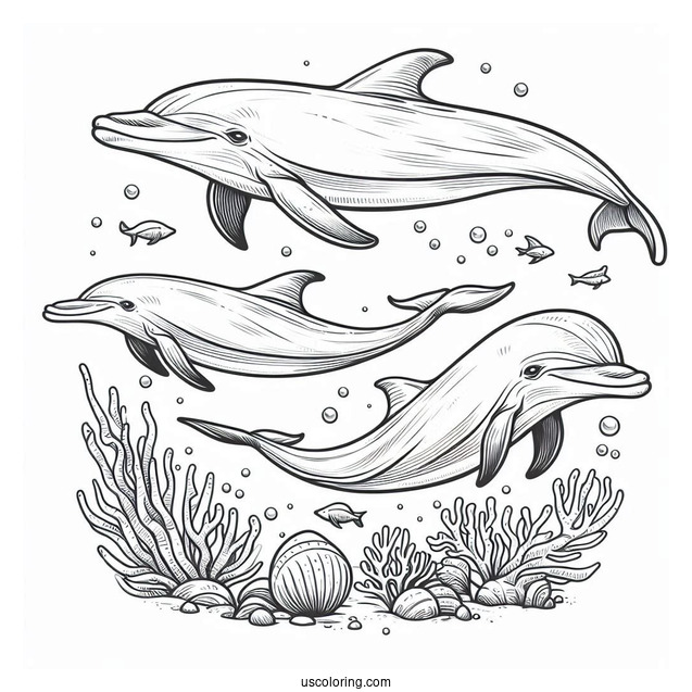 Pod Of Dolphins Underwater Coloring Page