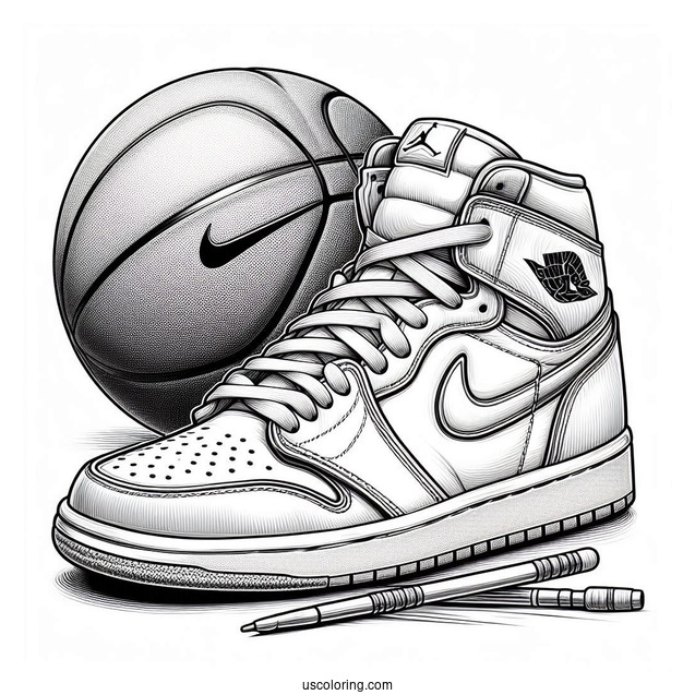Nike Coloring Page Of Realistic Air Jordan With Basketball In Background