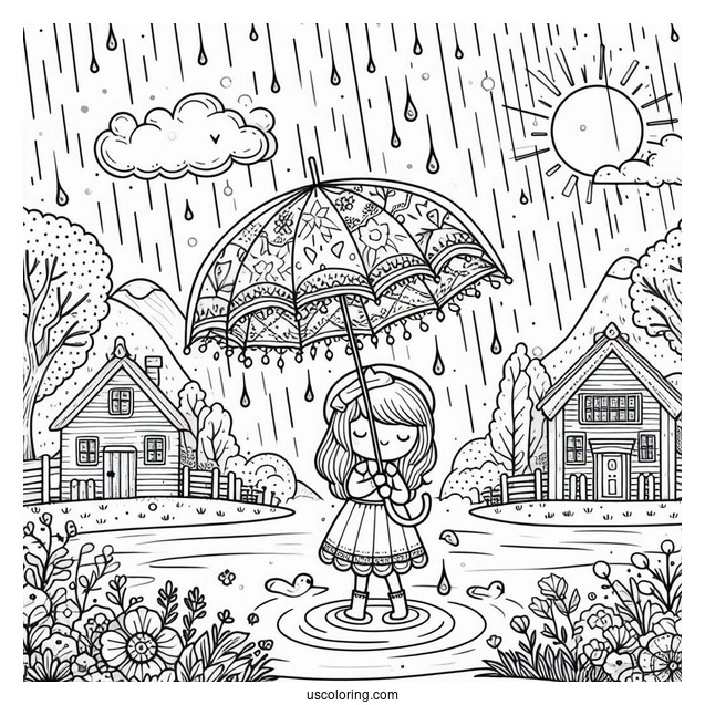 Rain Coloring Page Falling On Umbrella