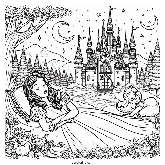 Sleeping Beauty Coloring Page Of Snow White And Aurora Outside A Castle