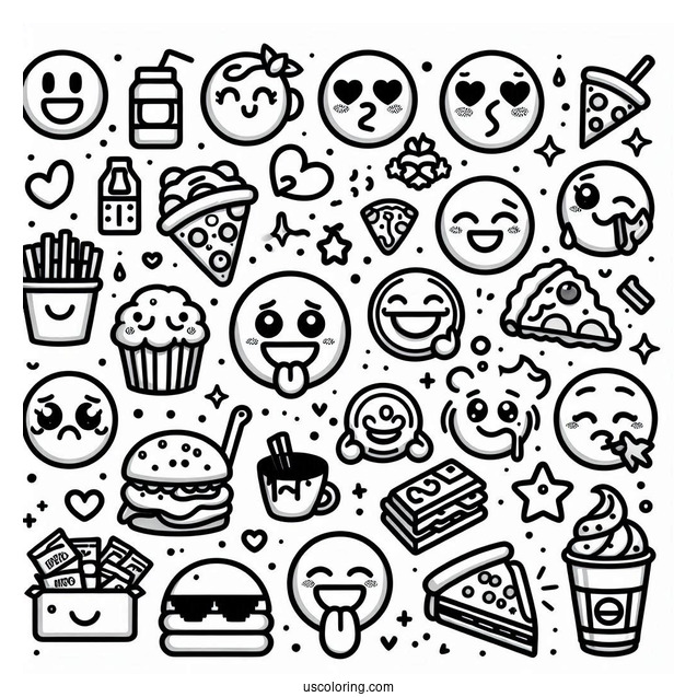 Emoji Coloring Page Varieties Of Faces, Objects, And Food