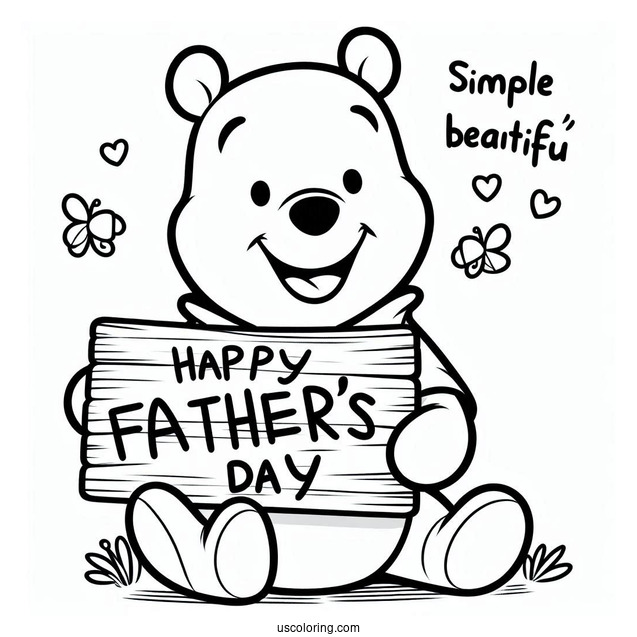 Smiling Winnie The Pooh With A Happy Father's Day Sign Coloring Page For Kids
