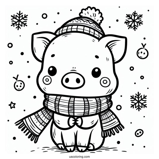 Piglet Coloring Page Wearing A Scarf in Winter