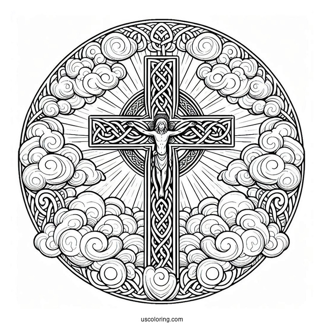 Detailed Celtic Cross Coloring Page In The Clouds With Jesus At The Center