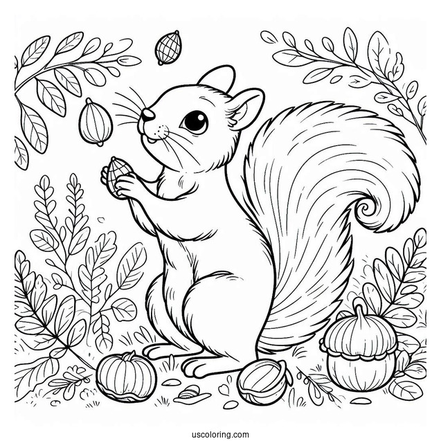 Squirrel Coloring Page Reaching Up For Nuts In Autumn