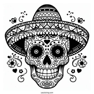 Grinning Sugar Skulls Coloring Page Wearing A Sombrero