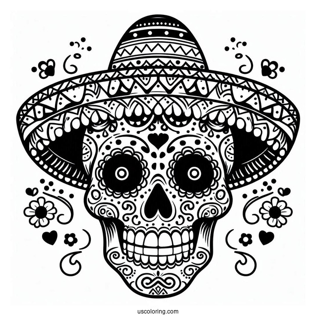 Grinning Sugar Skulls Coloring Page Wearing A Sombrero