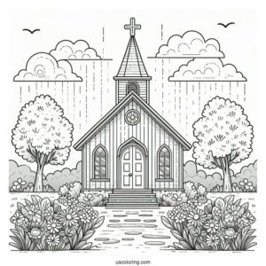 Cute Church Coloring Page With Flowers In Front