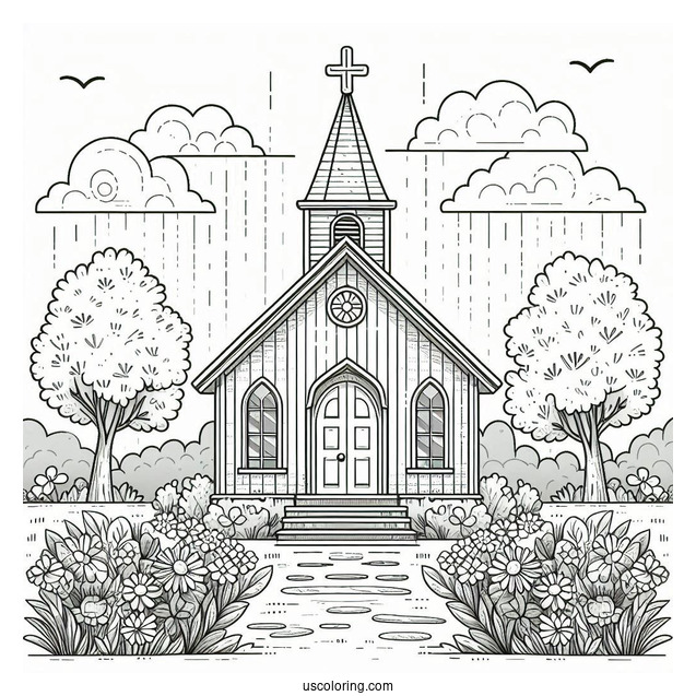 Cute Church Coloring Page With Flowers In Front