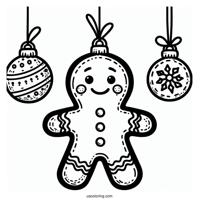 Smiling Gingerbread Man Christmas Ornaments Coloring Page