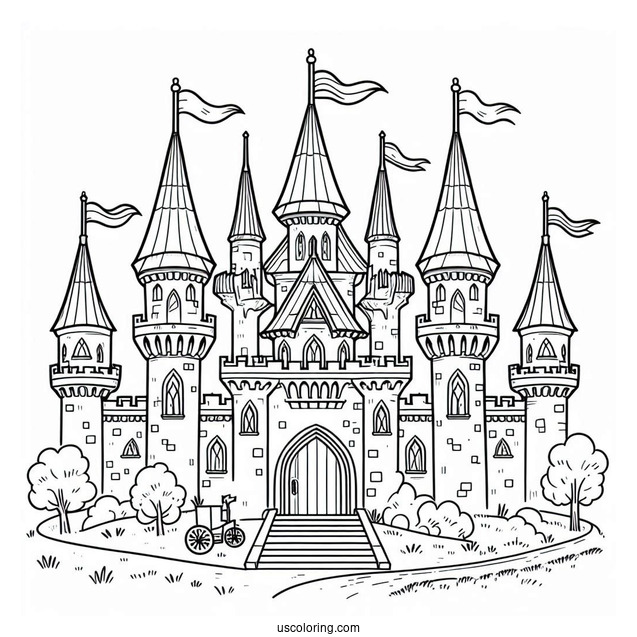Simple Outline Of Castle Coloring Page With Flags For Kids