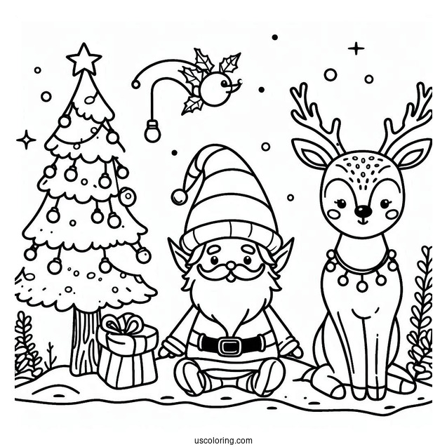 Elf, Reindeer And Christmas Tree To Color For Kids