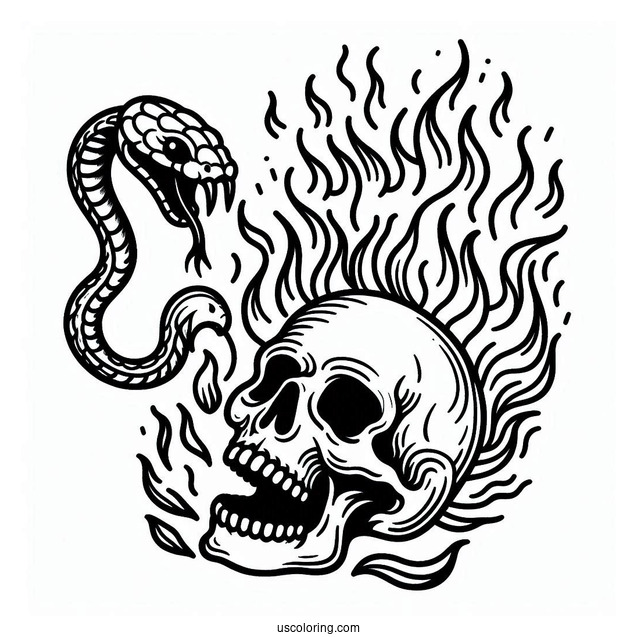 Flaming Skull With Snake