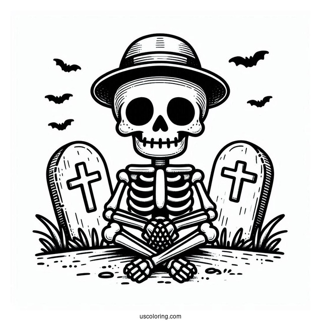 Cute Skeleton Coloring Page In Hat Sitting On Tombstone Halloween