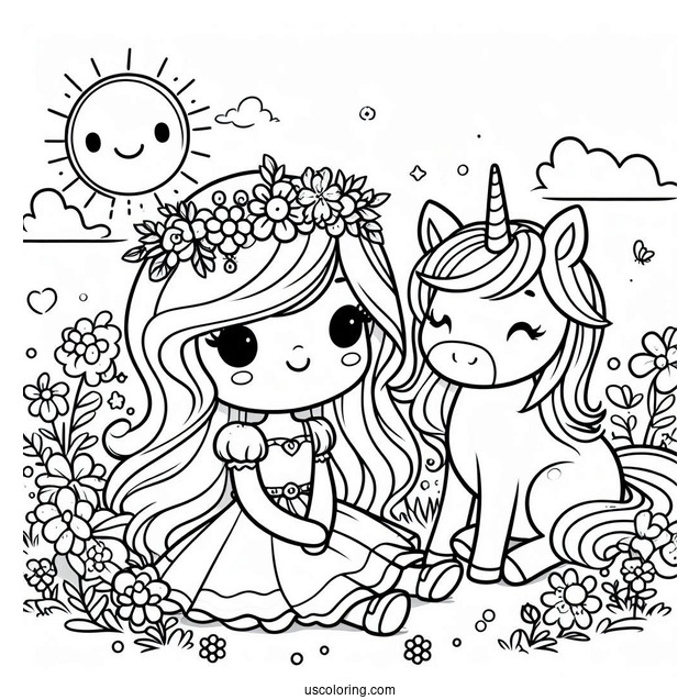 Cute Coloring Page Princess And Unicorn Sitting On A Flower Field