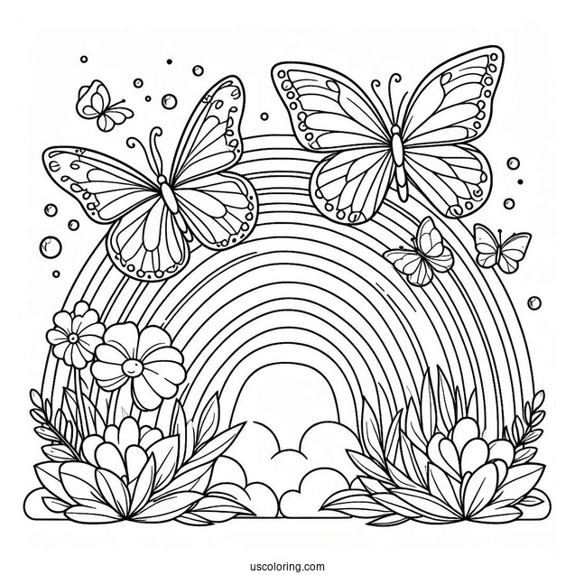Butterflies Flying Over A Rainbow Coloring Page For Kids