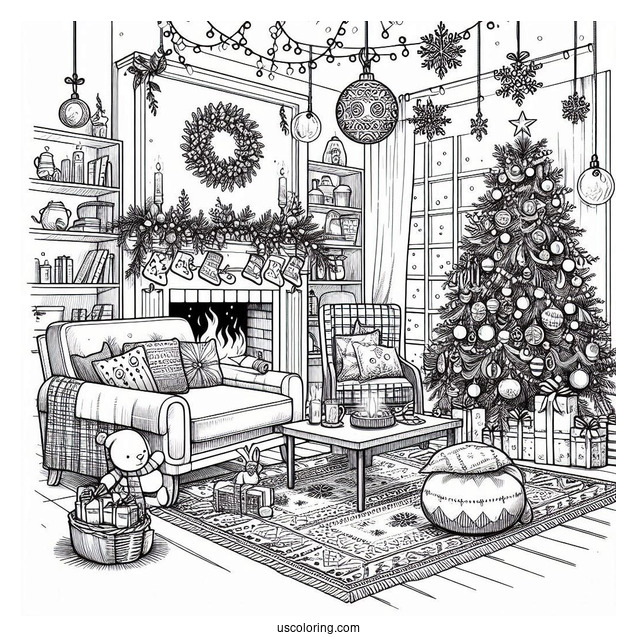 Christmas Coloring Pages For Adults Of Detailed Cozy Christmas Living Room