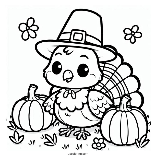 Pilgrim Coloring Page Cute Turkey With Pumpkins On The Grass For Kids