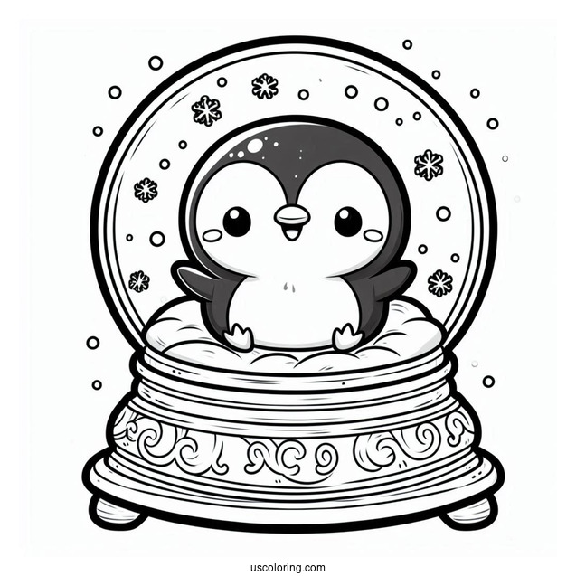 Kawaii Penguin Inside A Snow Globe Coloring Page For Preschoolers