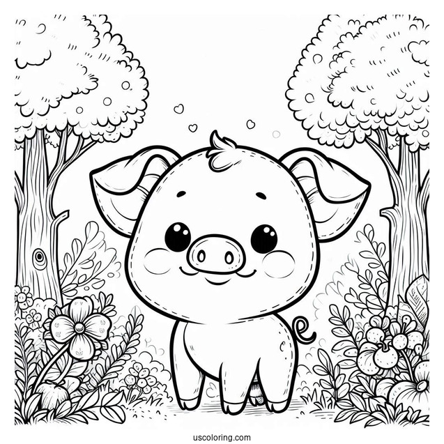 Smiling Piglet Coloring Page In A Forest