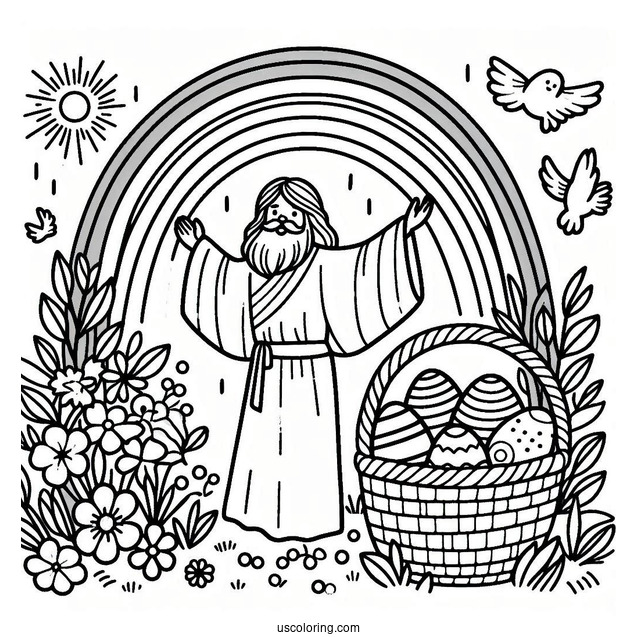 Easter Coloring Page Of He Is Risen With Rainbow For Kids