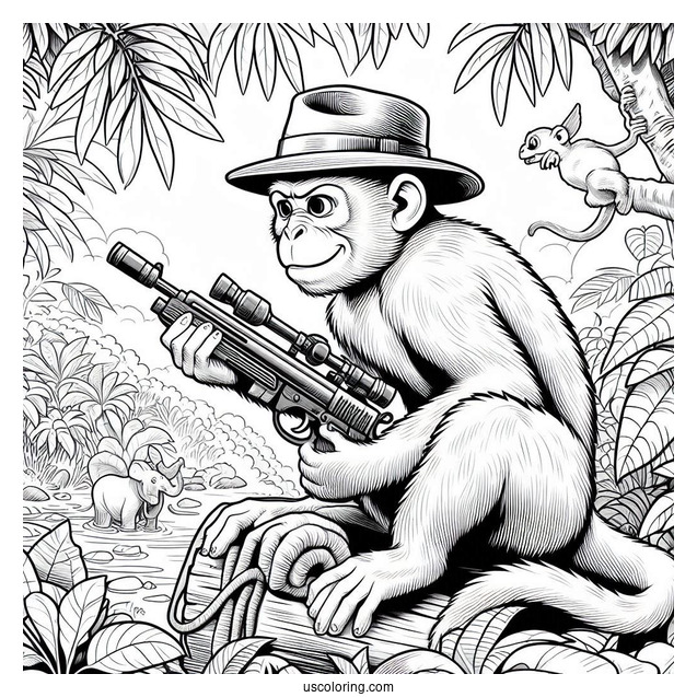 Monkey Creeping Up On Hunter With Gun In Jungle Coloring Page
