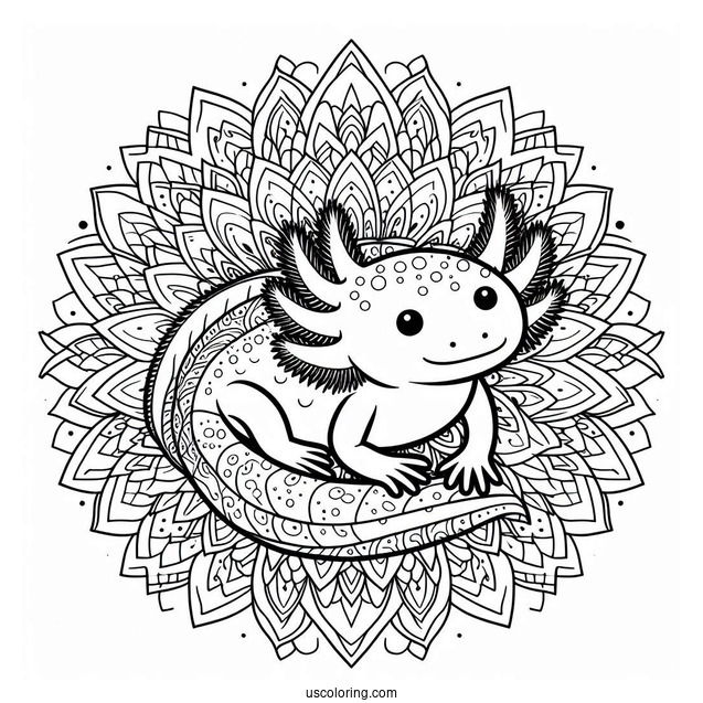 Axolotl Coloring Page At The Center Of A Flower Mandala