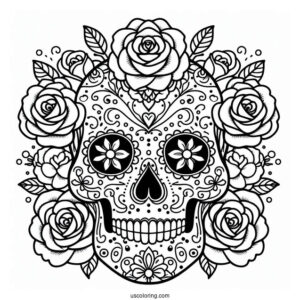 Easy Sugar Skulls Coloring Page Design With Roses On The Head